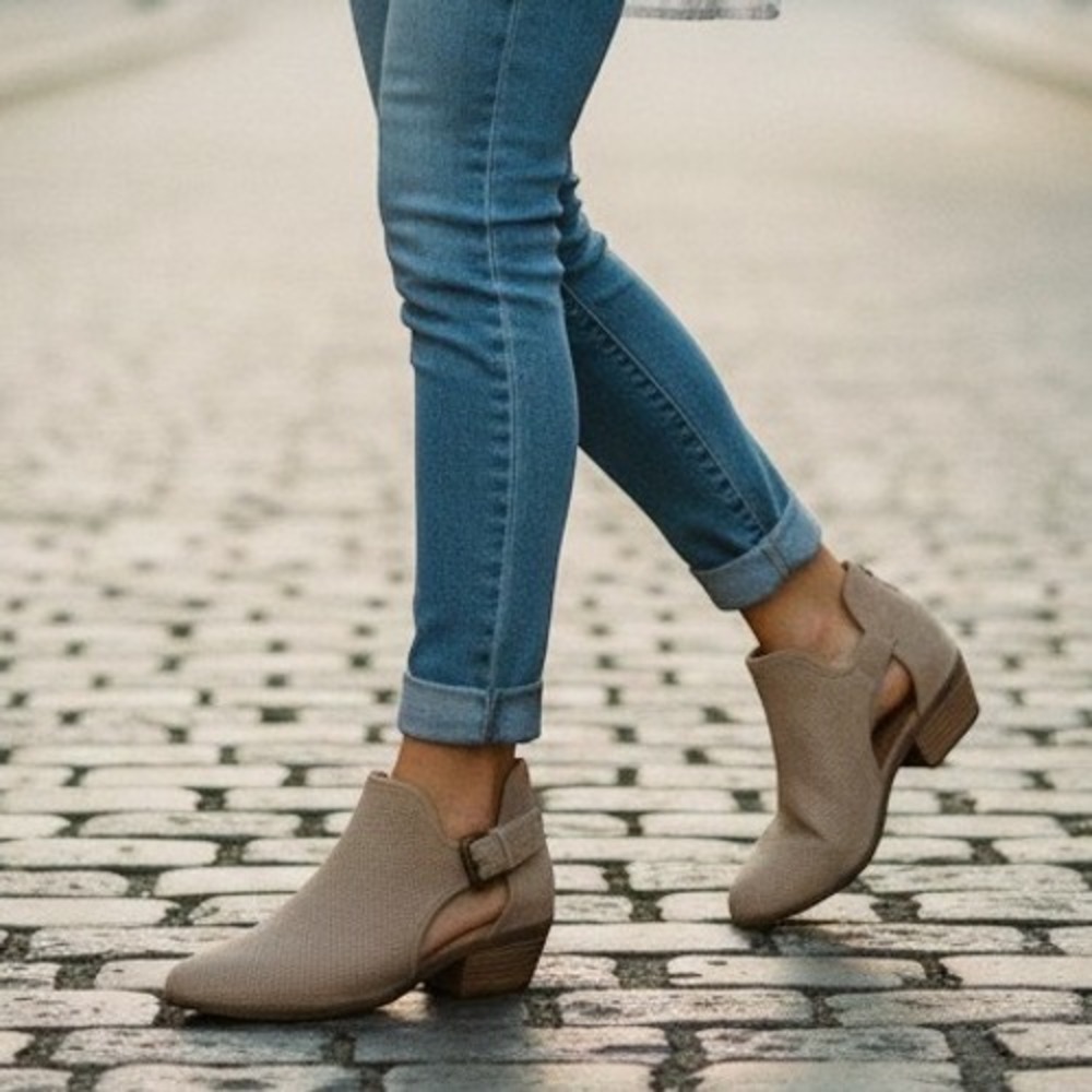 Lane Bryant Taupe Perforated Side Cutout Ankle Booties 10W Low Stacked Heel